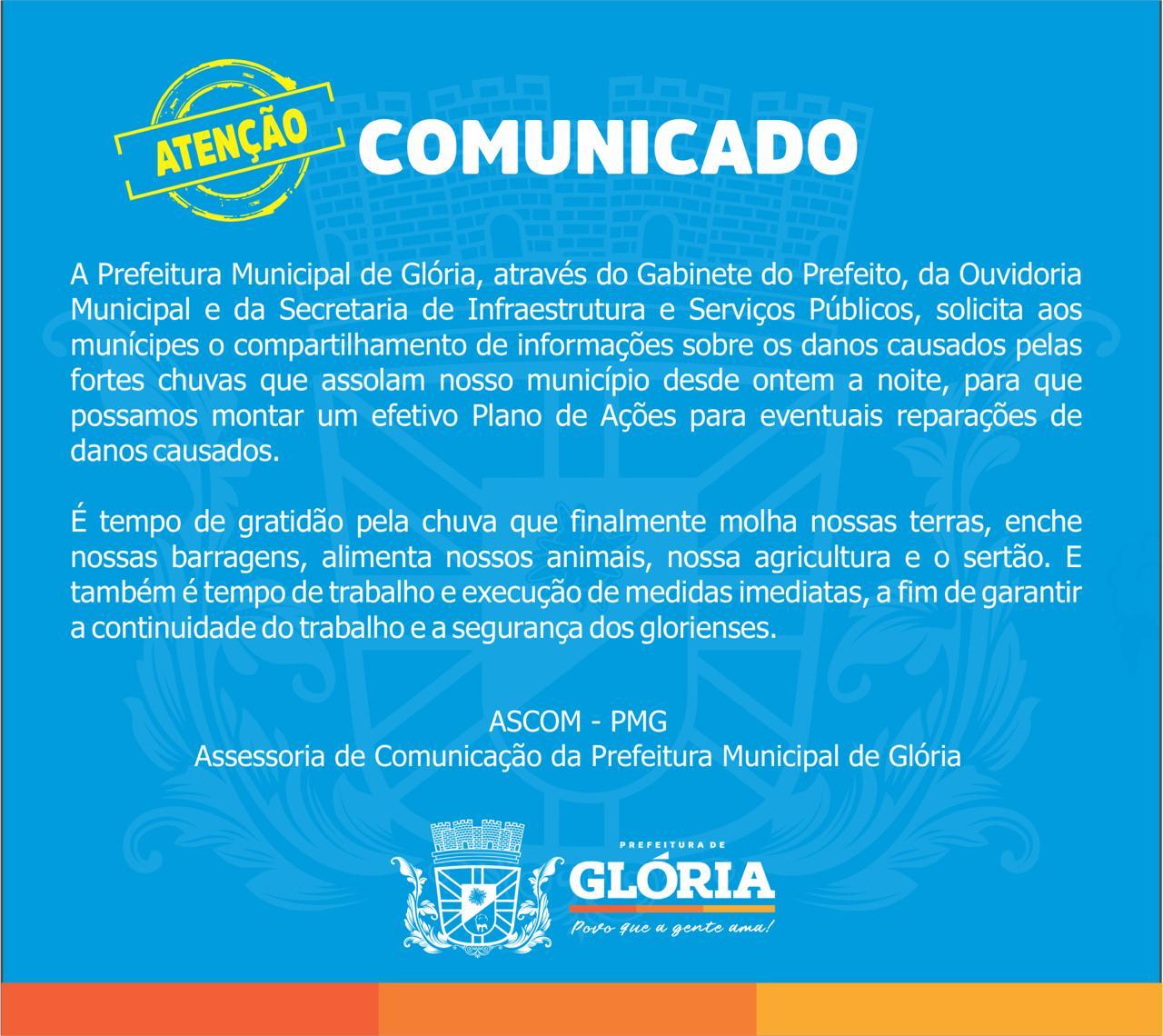 Chuva faz prefeitura de Glória suspender aulas e atendimentos médicos em algumas localidades; veja avisos