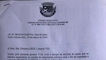 Jean Roubert solicita implantação de curso Técnico Agrícola para Paulo Afonso