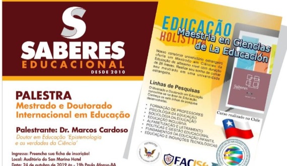 Palestra com Marcos Cardoso, Mestrado e Doutorado Internacional em Educação. Dia 24, em Paulo Afonso