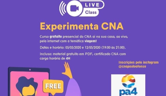 CNA em parceria com o site pa4 oferece curso (ao vivo) gratuito English Traveler. Vagas limitadas!