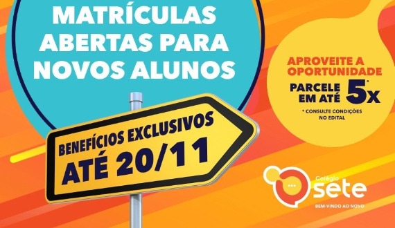 Colégio Sete: matrícula 2021 sem reajuste e parcelado em 5x até dia 20 para novatos