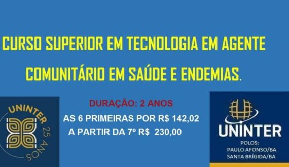 Curso novo na UNINTER Paulo Afonso! Graduação em Agente Comunitário de Saúde e Endemias