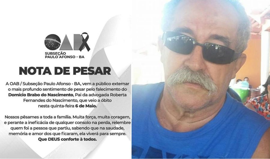 OAB Paulo Afonso lamenta morte de Domício Brabo, pai da advogada Roberta Fernandes