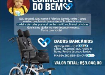 ‘Corrente do Bem’ – Garoto Fabrício pede ajuda para adquirir cadeira de rodas postural
