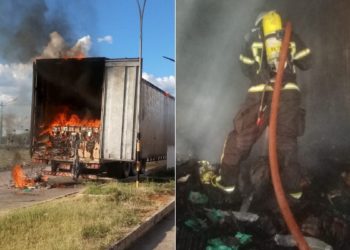 Bombeiros do 15°GBM debelam incêndio em carga de caminhão no posto fiscal de Paulo Afonso