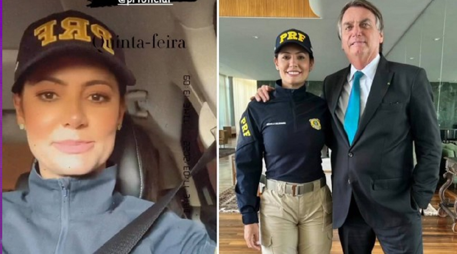 Michelle Bolsonaro posa fardada de policial: ‘Ele gostaria de ser multado por mim’