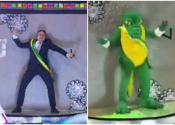 No desfile da Rosas de Ouro, Bolsonaro vira jacaré após tomar vacina