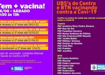 Mais uma etapa de 4ª dose da vacina contra covid-19 será realizada neste sábado (6)