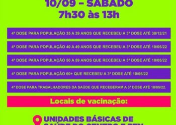 Mais uma etapa da vacinação de 4ª dose contra covid-19 acontece neste sábado (10)