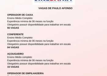 Vagas de emprego em Paulo Afonso; currículos devem ser entregues no guichê do SINE na unidade do SAC