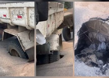 Asfalto cede e caçamba fica atolada no BTN 2: prejuízo chega a quase R$ 10 mil