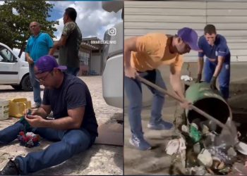 “Mão na massa”: prefeito de Paulo Afonso ajuda no conserto de compactador e em coleta de lixo, e atitude repercute nas redes sociais