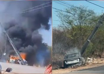 Colisão em poste na BA-210 em Paulo Afonso provoca incêndio em carro; populares ajudam família a escapar