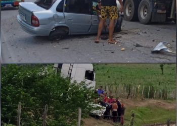 Seis pessoas morrem e uma fica gravemente ferida após carreta bitrem colidir com dois carros na BR-110, em Antas-BA