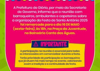Prefeitura de Glória-BA convoca barraqueiros e ambulantes para reunião sobre a Festa de Santo Antônio 2025
