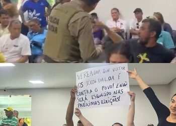 Cartaz e protestos: sessão da Câmara termina com cidadão expulso novamente